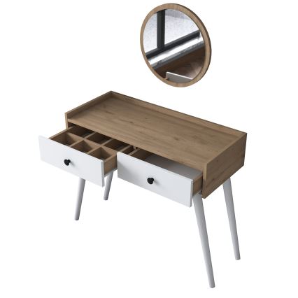 Toiletbord RANI 98,6x83,8 cm + vægmonteret spejl Ø 40 cm brun/hvid