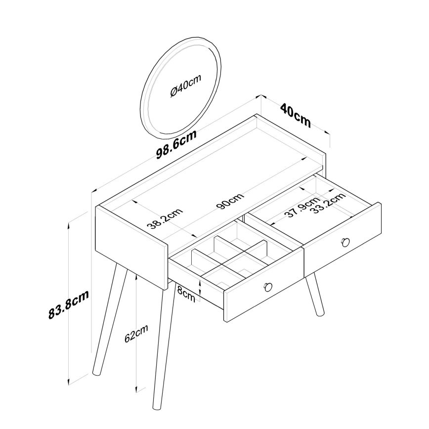Toiletbord RANI 98,6x83,8 cm + vægmonteret spejl Ø 40 cm brun/hvid