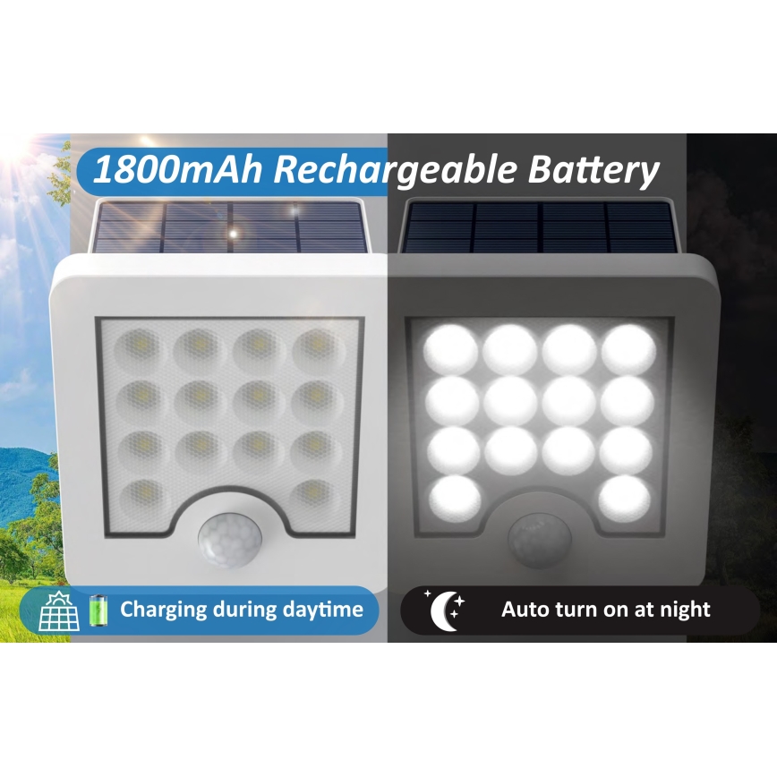 Top Light - Soldrevet LED vægprojektør med sensor HELEON S LED/5W/3,7V IP65 4000K 1800 mAh