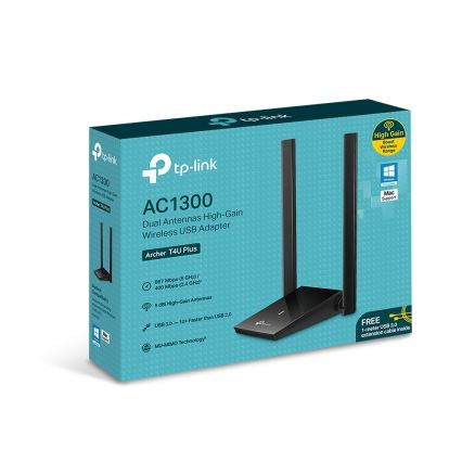 TP-Link - Archer T4U Plus Wi‑Fi: Trådløs USB-netværksadapter med antenner med høj forstærkning