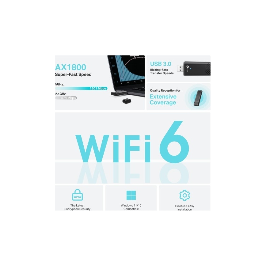 TP-Link - Dobbeltbånds trådløs USB-adapter med Wi‑Fi 6 Archer TX20U