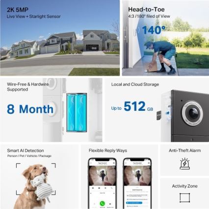 TP-Link - Smart videodørklokke med sensor, 2K-opløsning, 10000 mAh batteri, IP66, Wi‑Fi