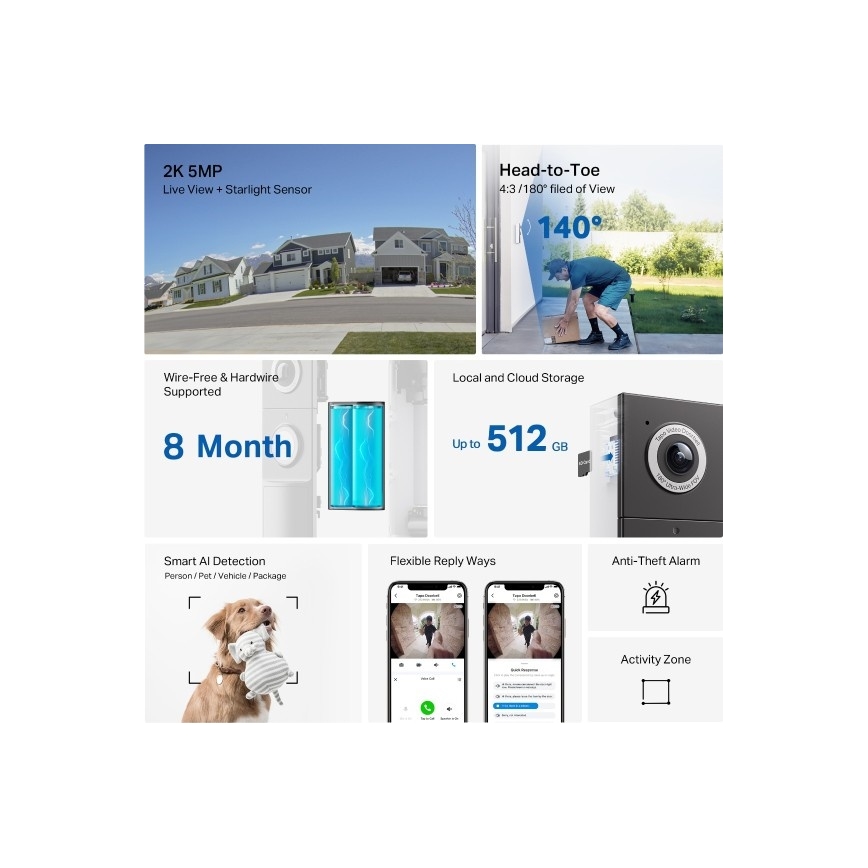 TP-Link - Smart videodørklokke med sensor, 2K-opløsning, 10000 mAh batteri, IP66, Wi‑Fi