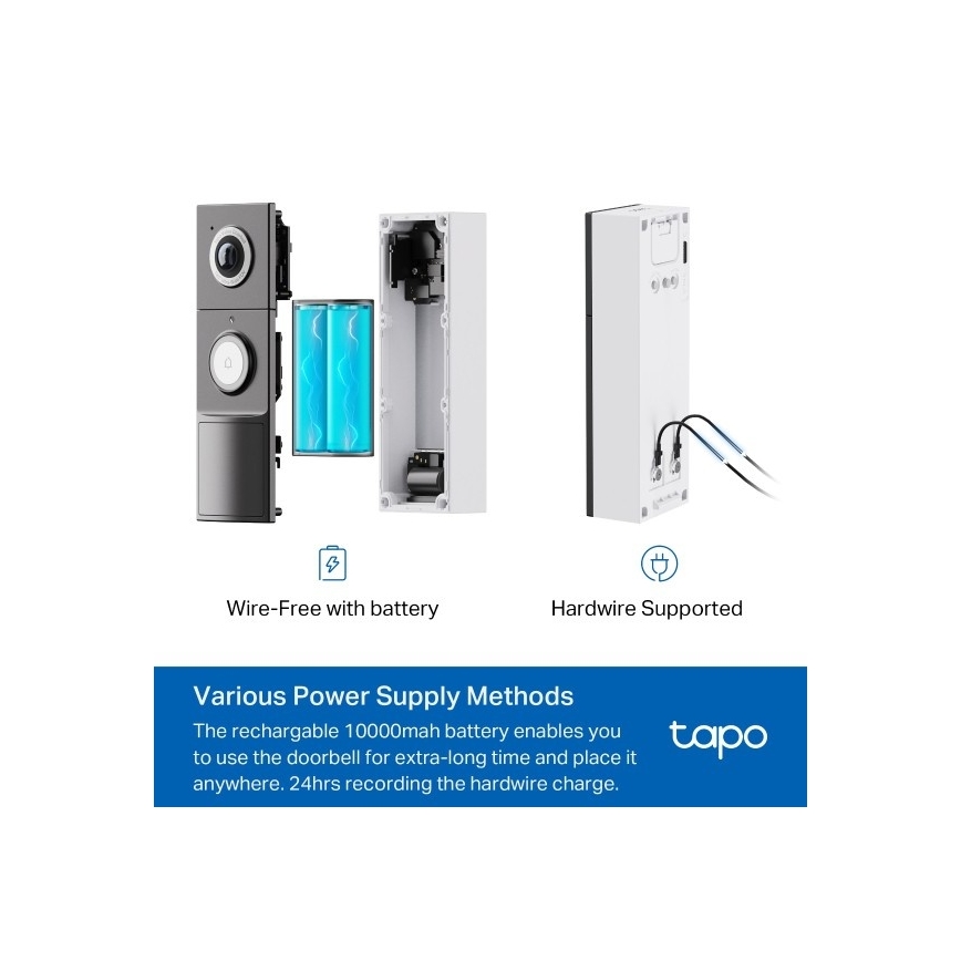 TP-Link - Smart videodørklokke med sensor, 2K-opløsning, 10000 mAh batteri, IP66, Wi‑Fi