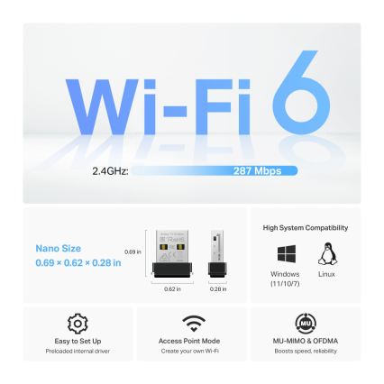 TP-Link - Trådløs Wi-Fi 6 USB-nanoadapter Archer TX1U Nano