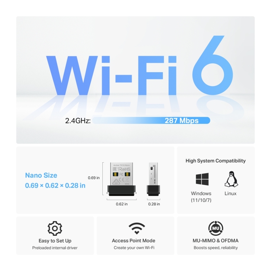 TP-Link - Trådløs Wi-Fi 6 USB-nanoadapter Archer TX1U Nano