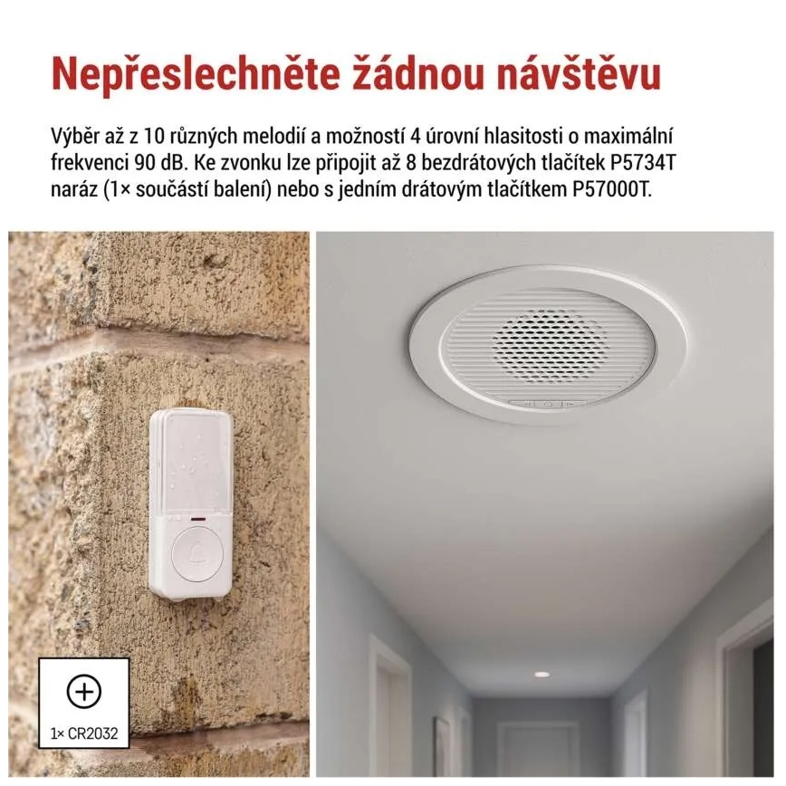 Trådløs indbygget dørklokke 230V + 1xCR2032 hvid