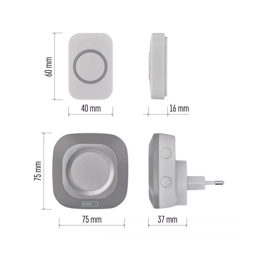 Trådløs plugin-dørklokke 230V + 1xCR2032 IP44 grå