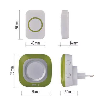 Trådløs plugin-dørklokke 230V + 1xCR2032 IP44 grøn