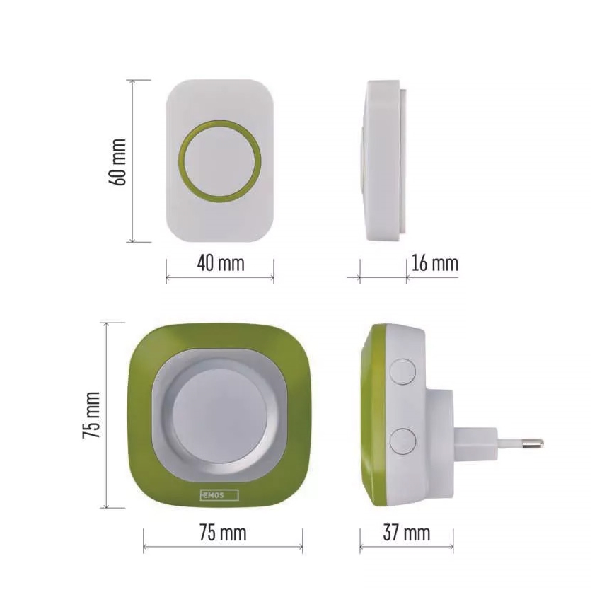 Trådløs plugin-dørklokke 230V + 1xCR2032 IP44 grøn