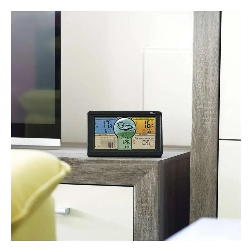 Trådløs vejrstation m. LCD-farvedisplay og regnmåler 3xAAA sort