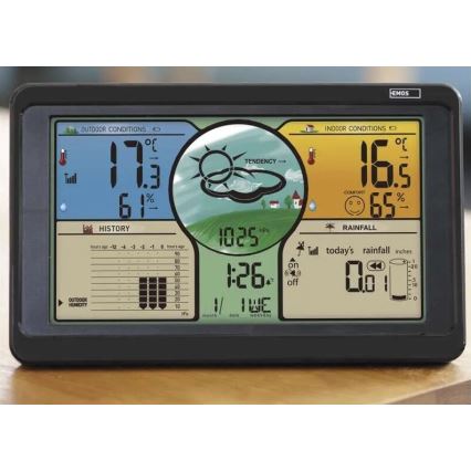 Trådløs vejrstation m. LCD-farvedisplay og regnmåler 3xAAA sort