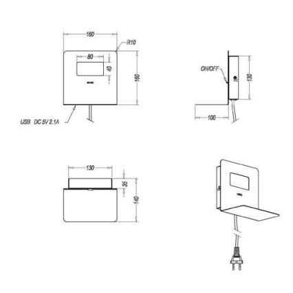 Trio - LED væglampe med hylde ALOFT LED/3W/230V + USB-port