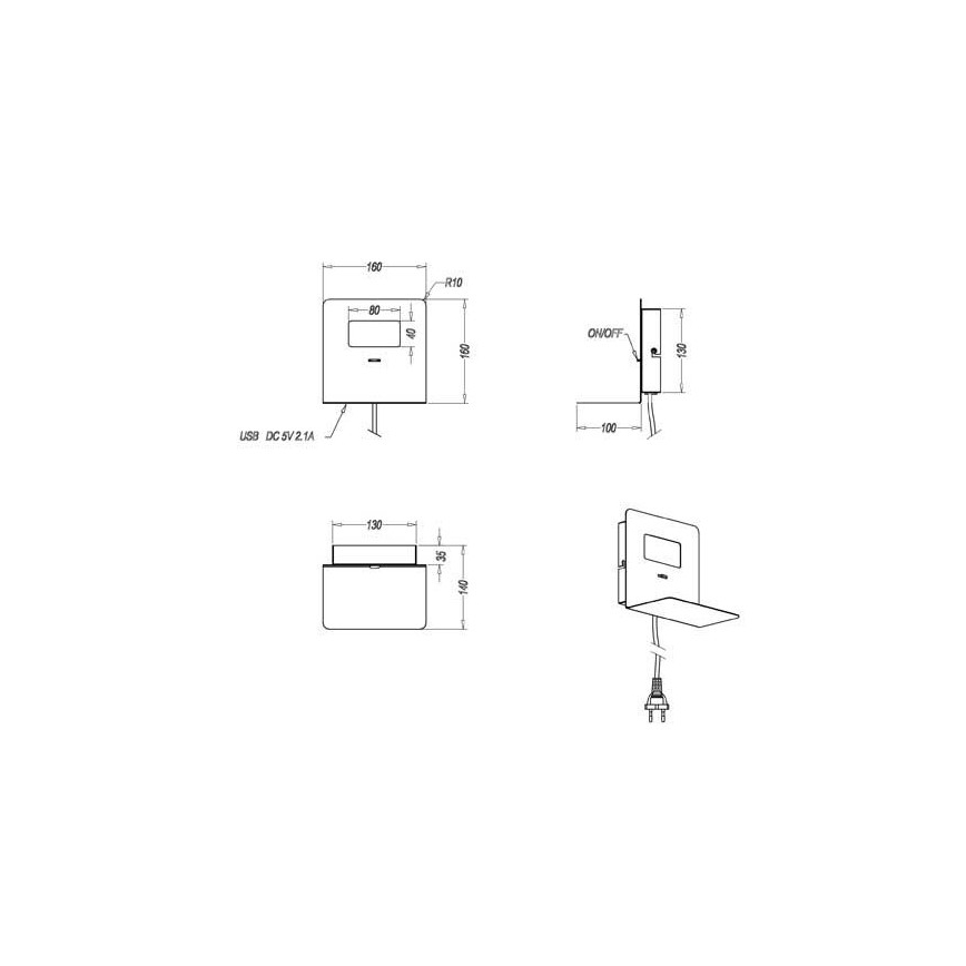 Trio - LED væglampe med hylde ALOFT LED/3W/230V + USB-port