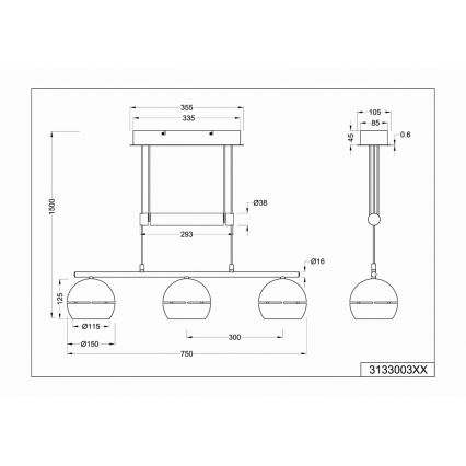 Trio - Pendel FLETCHER 3xE14/40W/230V mat krom