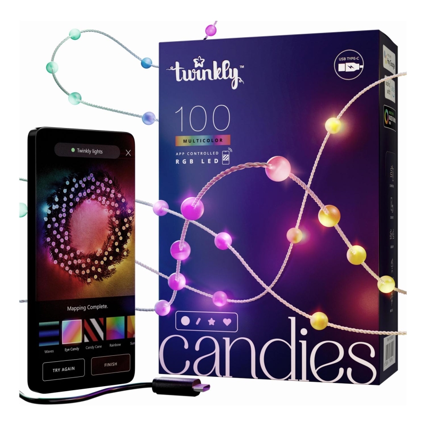 Twinkly - LED lyskæde m. RGB-farver dæmpbar CANDIES 100xLED 8 m USB Wi-Fi