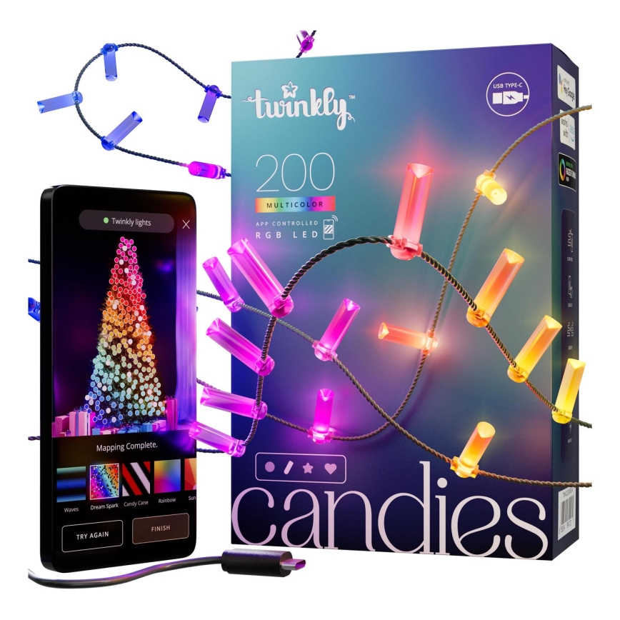 Twinkly - LED lyskæde m. RGB-farver dæmpbar CANDIES 200xLED 14 m USB Wi-Fi