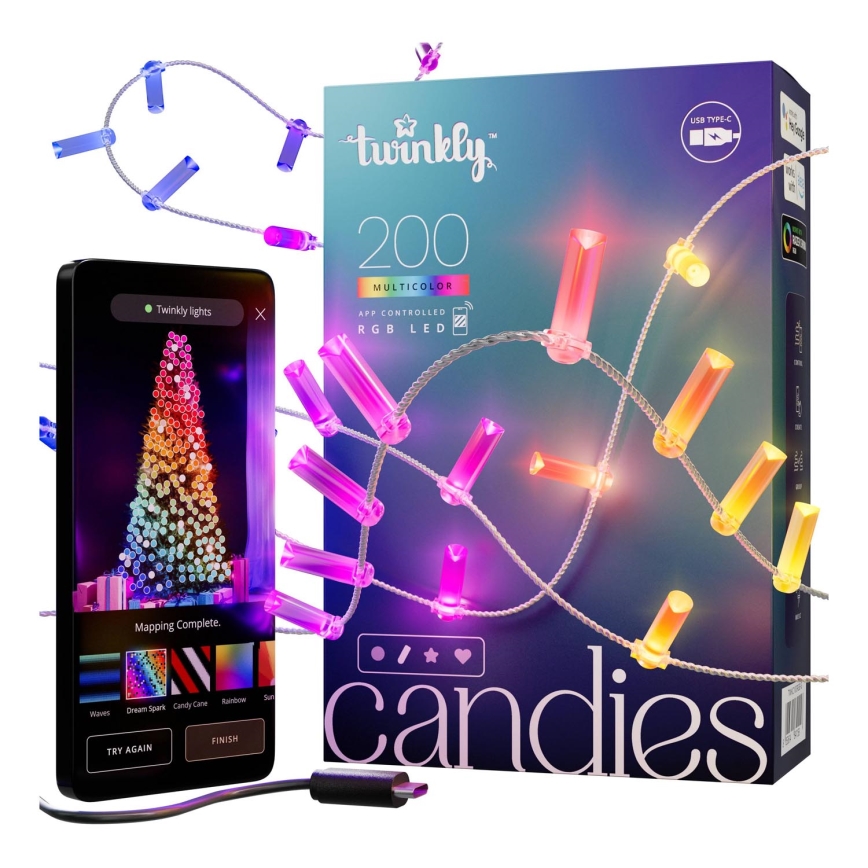 Twinkly - LED lyskæde m. RGB-farver dæmpbar CANDIES 200xLED 14 m USB Wi-Fi