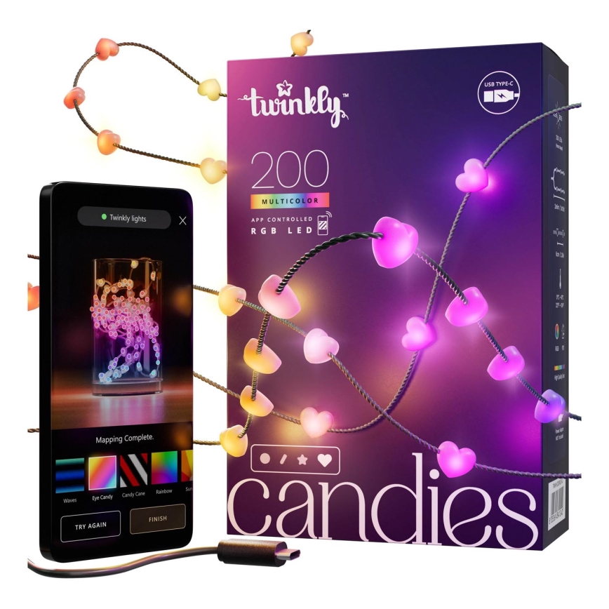 Twinkly - LED lyskæde m. RGB-farver dæmpbar CANDIES 200xLED 14 m USB Wi-Fi