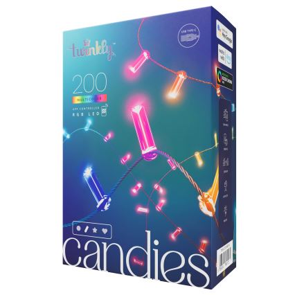 Twinkly - LED lyskæde m. RGB-farver dæmpbar CANDIES 200xLED 14 m USB Wi-Fi