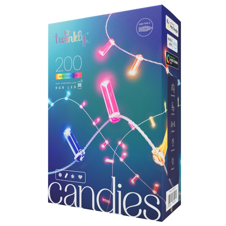 Twinkly - LED lyskæde m. RGB-farver dæmpbar CANDIES 200xLED 14 m USB Wi-Fi