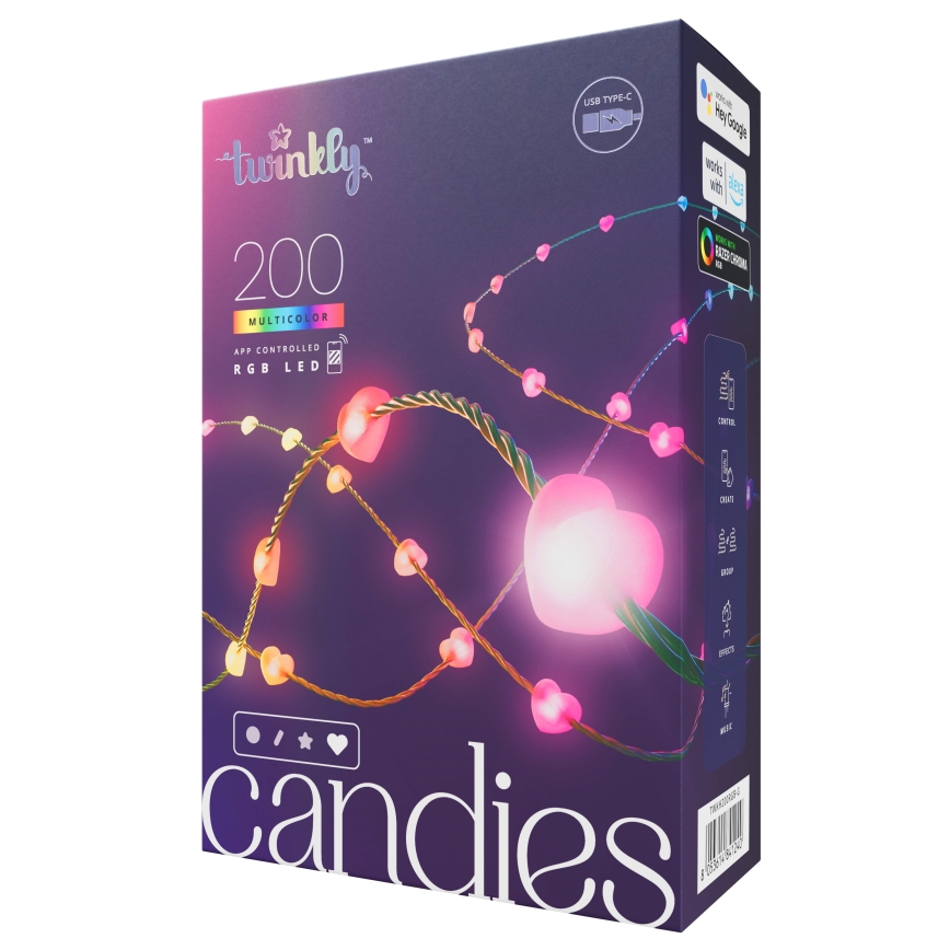 Twinkly - dæmpbar RGB LED-lyskæde CANDIES, 200 LED, 14 m, USB, Wi-Fi