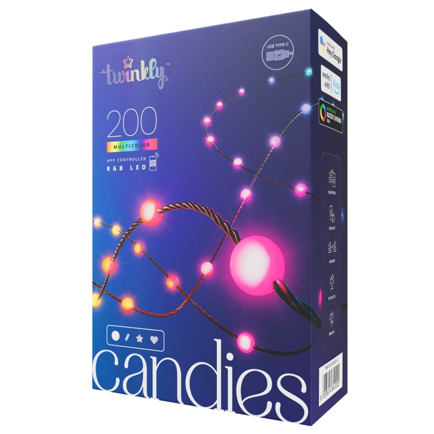Twinkly - LED lyskæde m. RGB-farver dæmpbar CANDIES 200xLED 14 m USB Wi-Fi