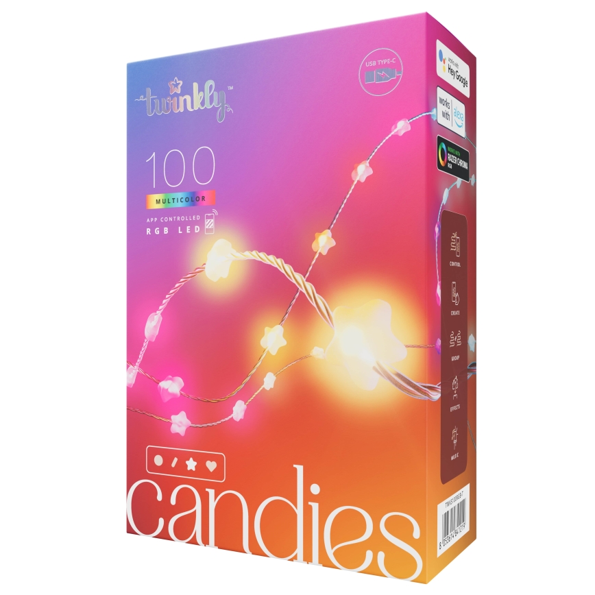 Twinkly - RGB-LED dæmpbar lyskæde CANDIES 100 LED 8 m USB Wi-Fi