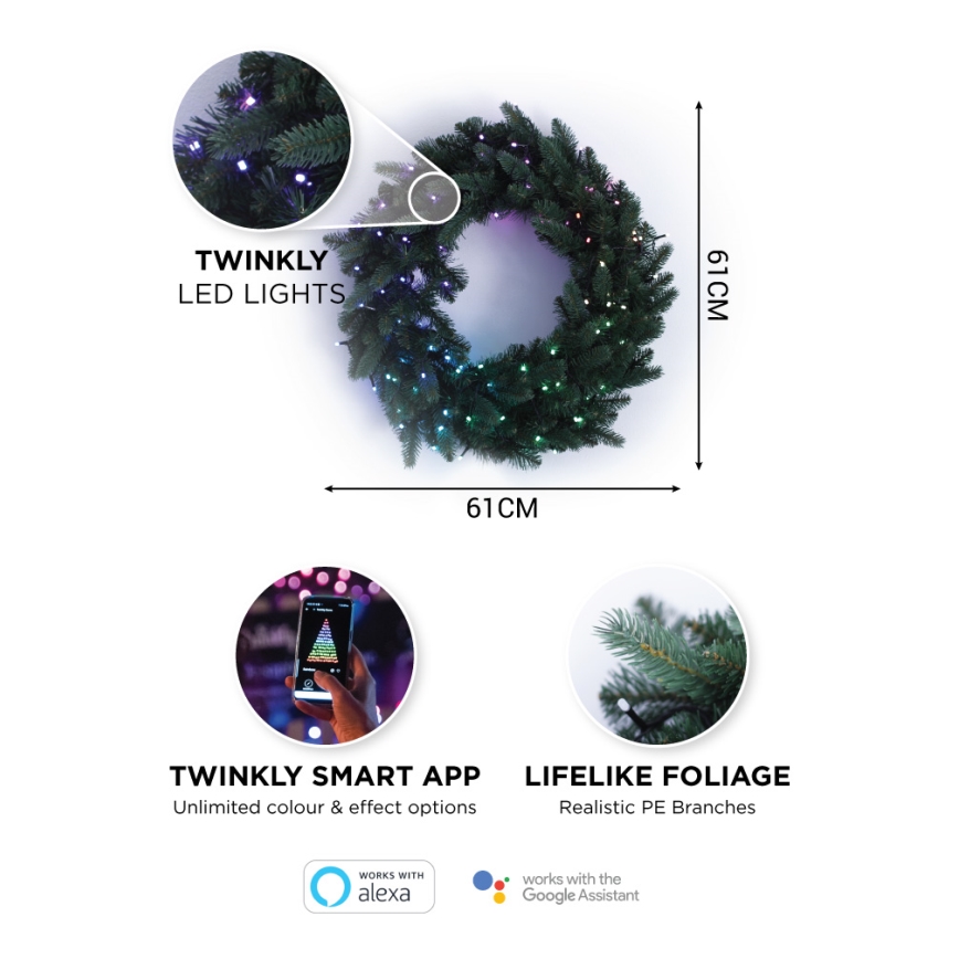 Twinkly - LED RGB Dæmpbar Julekrans PRE-LIT WREATH 50xLED diameter 61 cm Wi-Fi