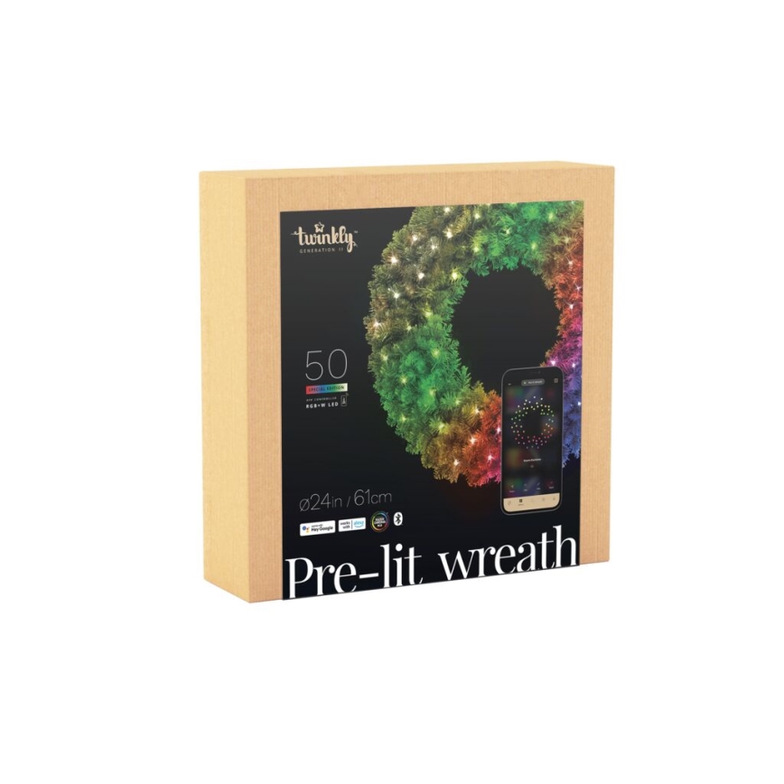 Twinkly - LED RGB Dæmpbar Julekrans PRE-LIT WREATH 50xLED diameter 61 cm Wi-Fi