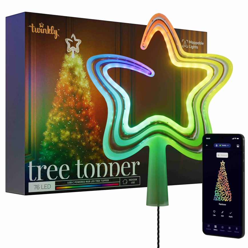 Twinkly TWTT030SPP-GUSB - LED julstjerne m. RGB-farver dæmpbar 76xLED USB Wi-Fi
