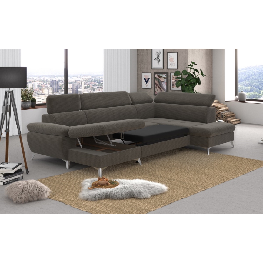 U-formet hjørnesofa med opbevaringsplads, højre side, CATANIA, brun