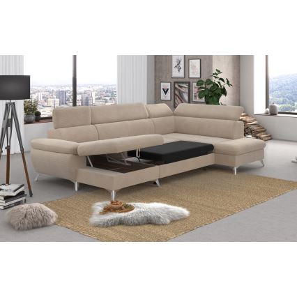U-formet loungemøbel m. opbevaringsplads foldbar CATANIA højre beige