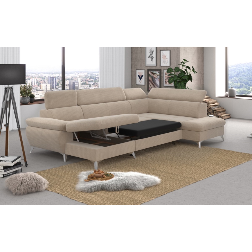 U-formet loungemøbel m. opbevaringsplads foldbar CATANIA højre beige