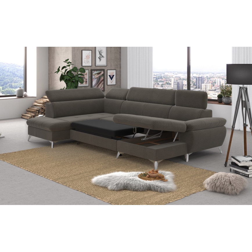 U-formet loungemøbel m. opbevaringsplads foldbar CATANIA venstre brun