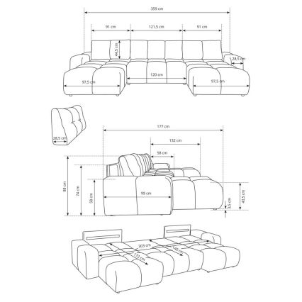 U-formet polstret sofa med sovefunktion og opbevaring ALMADA, beige