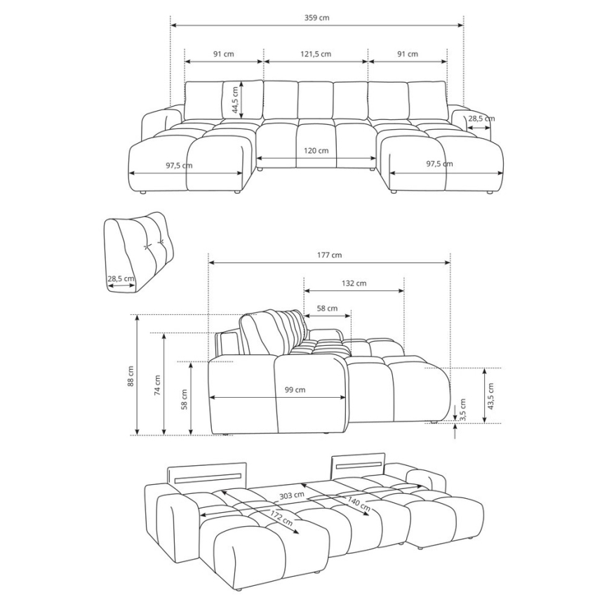 U-formet polstret sofa med sovefunktion og opbevaring ALMADA, beige
