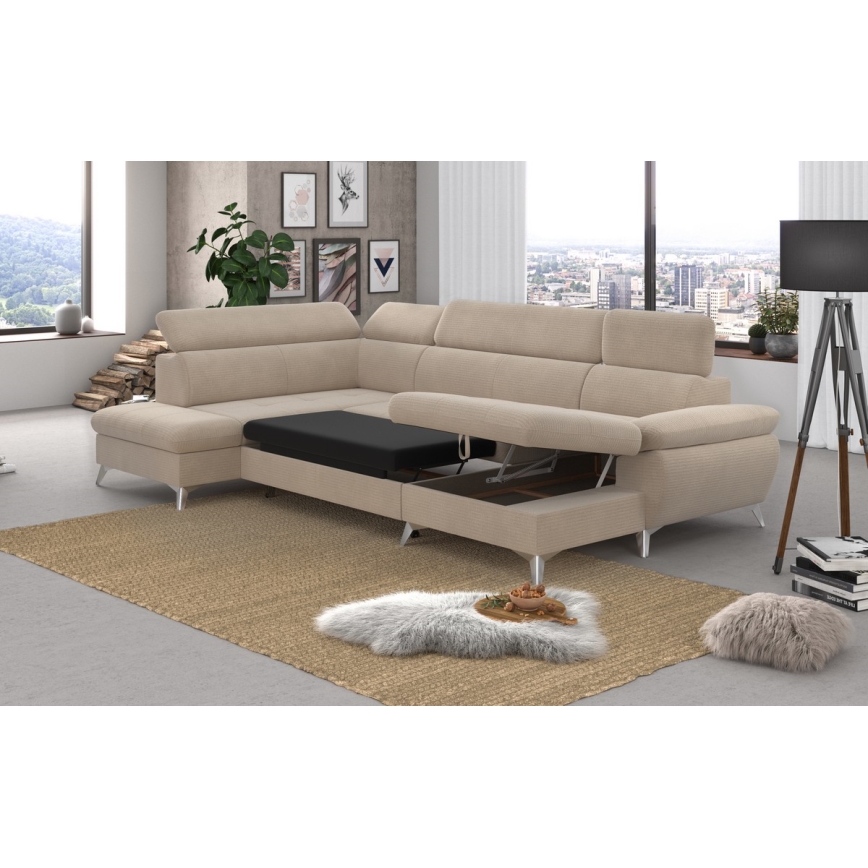 U-formet hjørnesofa med opbevaringsplads, sovesofa CATANIA venstrevendt beige