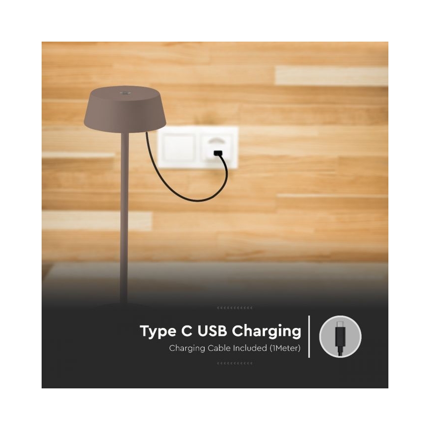 Udendørs LED bordlampe m. touch-funktion dæmpbar LED/2W/5V 4400 mAh IP54 genopladelig brun