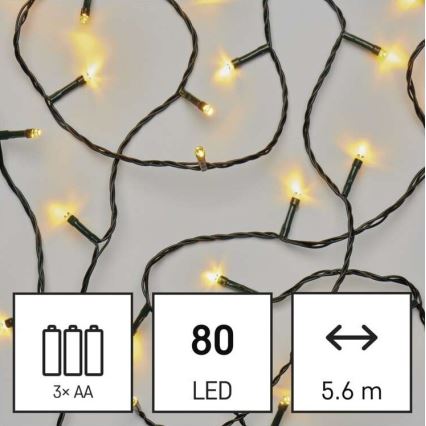 Udendørs LED julekæde 80xLED/3xAA 6,1 m IP44 varm hvid