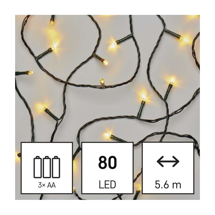 Udendørs LED julekæde 80xLED/3xAA 6,1 m IP44 varm hvid