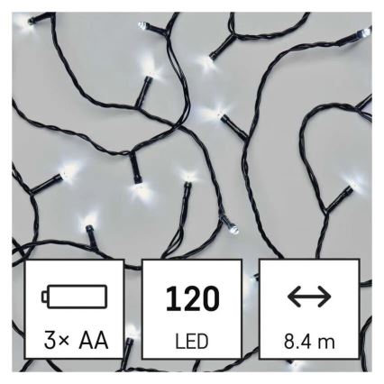 Udendørs LED julelyskæde 120xLED/3xAA 8,9m IP44 kold hvid