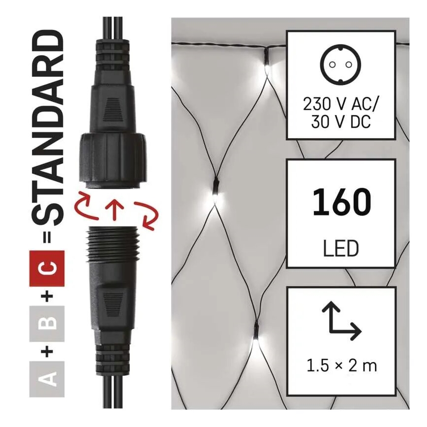 Udendørs LED julelyskæde 160xLED/2x1,5m IP44 kold hvid