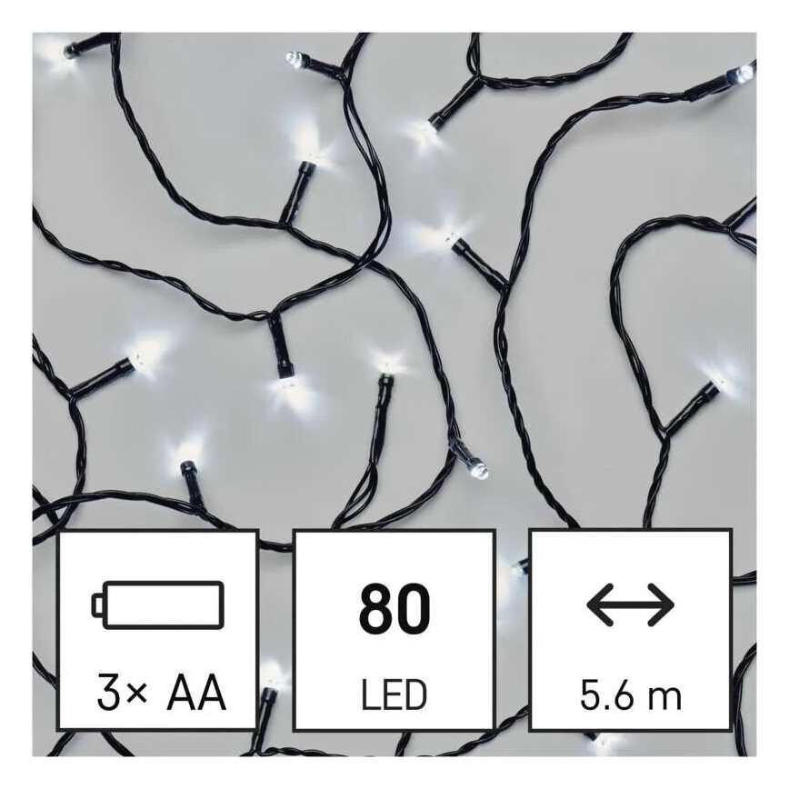 Udendørs LED julelyskæde 80xLED/3xAA 6,1m IP44 kold hvid
