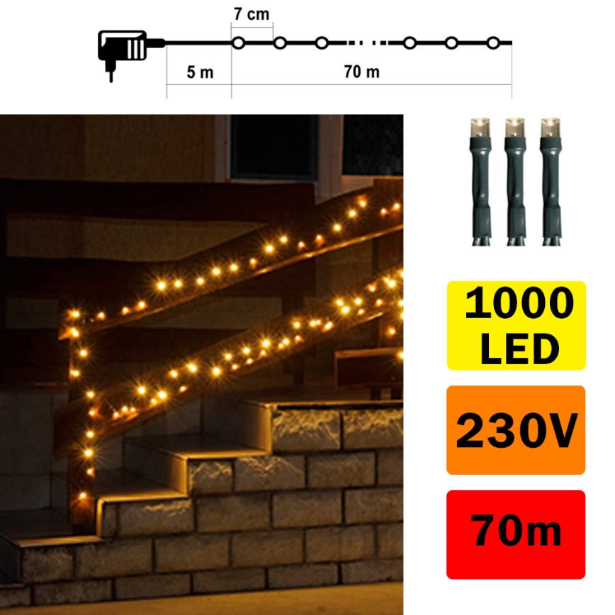 Udendørs LED lyskæde 70 m 1000xLED/230V varm hvid IP44