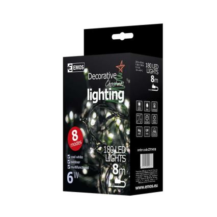 Udendørs LED lyskæde CHAIN 180xLED/8 funktioner 8 m IP44 kold hvid