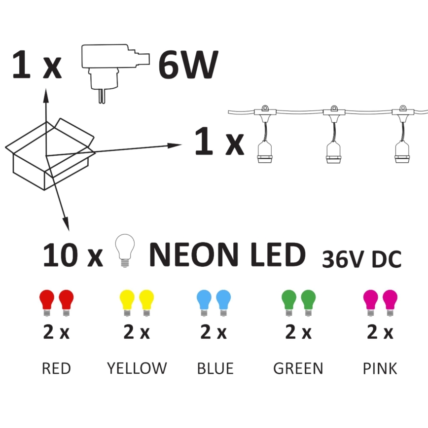 Udendørs LED lyskæde PARTY NEON 7,6 m 10xE27/0,6W/36V IP44