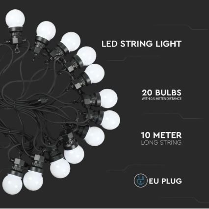 Udendørs LED lyskæde STRING 10 m 20xLED/0,5W/24/230V 3000K IP44