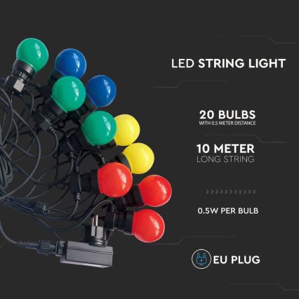 Udendørs LED lyskæde STRING RGB-funktion 10 m 20xLED/0,5W/230V IP44