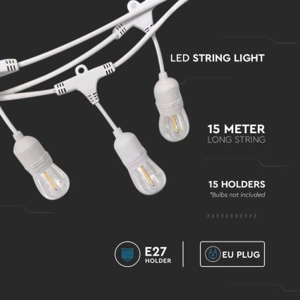 Udendørs lyskæde STRING, 15 x E27 (maks. 40 W), 230 V, 15 m, IP65